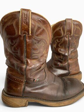 Justin Stampede Brown Leather Square Toe Western Work H2O EH Boots Men's 9.5 D